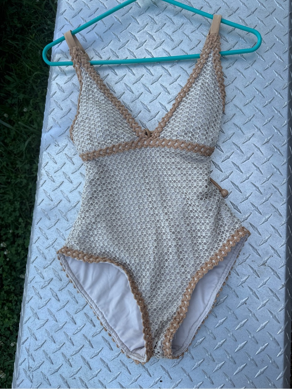 Beige Crochet One-Piece Swimsuit with Tan Trim